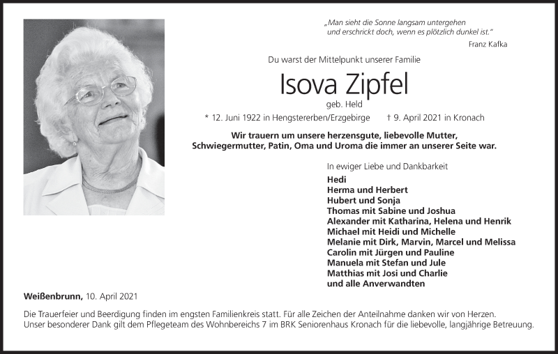 Traueranzeige für Isova Zipfel vom 13.04.2021 aus MGO