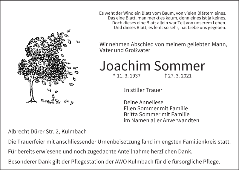  Traueranzeige für Joachim Sommer vom 17.04.2021 aus MGO