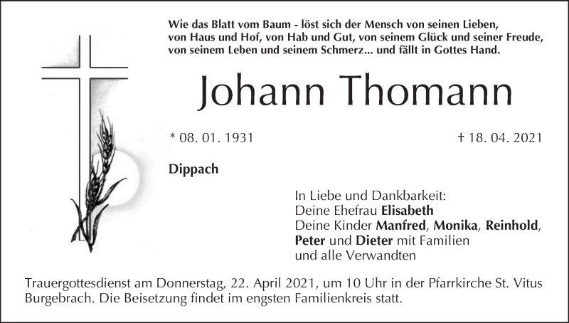  Traueranzeige für Johann Thomann vom 20.04.2021 aus MGO