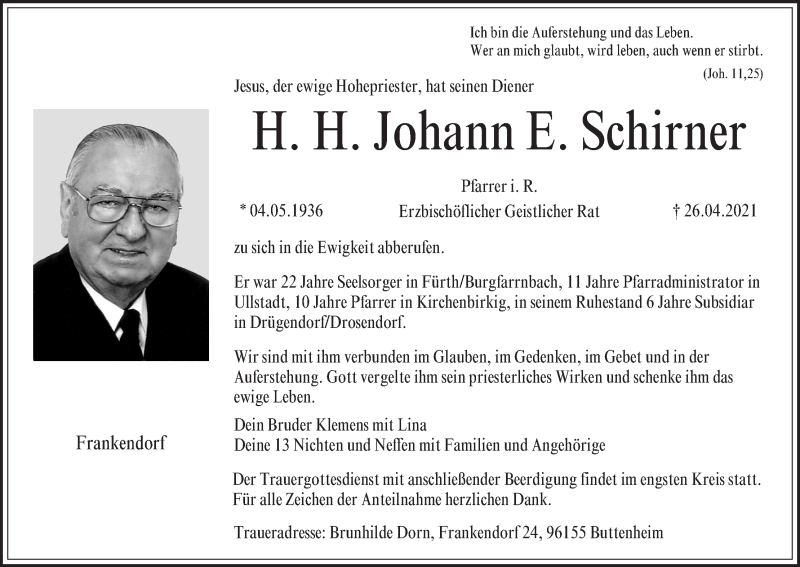  Traueranzeige für Johann E. Schirner vom 29.04.2021 aus MGO