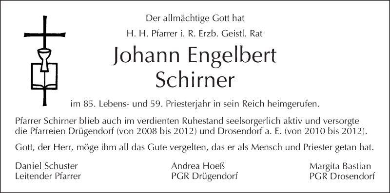 Traueranzeige für Johann Engelbert Schirner vom 30.04.2021 aus MGO