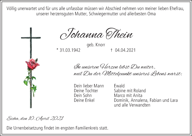  Traueranzeige für Johanna Thein vom 10.04.2021 aus MGO