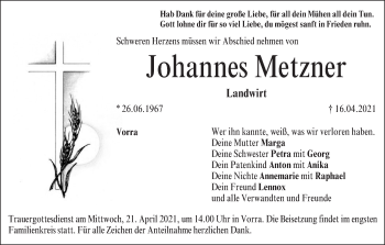 Anzeige von Johannes Metzner von MGO