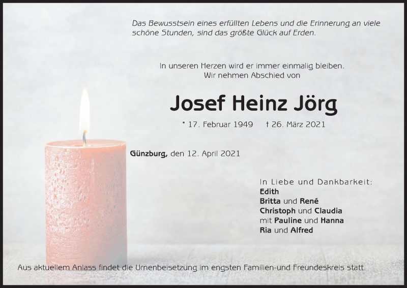  Traueranzeige für Josef Heinz Jörg vom 12.04.2021 aus MGO