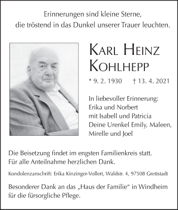 Anzeige von Karl Heinz Kohlhepp von MGO