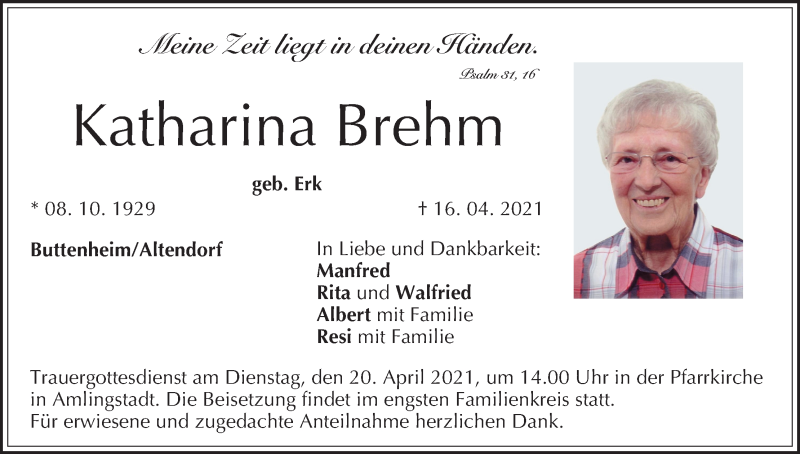  Traueranzeige für Katharina Brehm vom 19.04.2021 aus MGO
