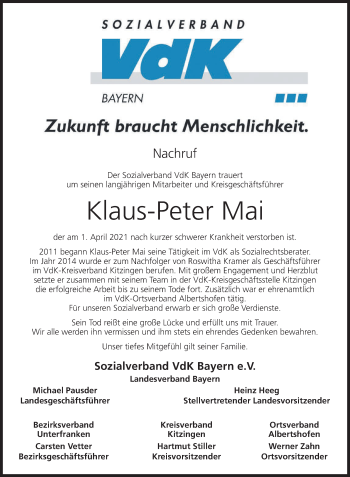 Anzeige von Klaus-Peter Mai von MGO