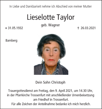 Anzeige von Lieselotte Taylor von MGO