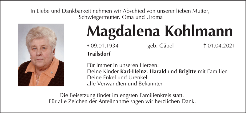  Traueranzeige für Magdalena Kohlmann vom 10.04.2021 aus MGO