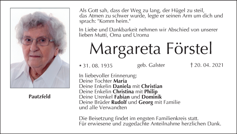  Traueranzeige für Margareta Förstel vom 30.04.2021 aus MGO