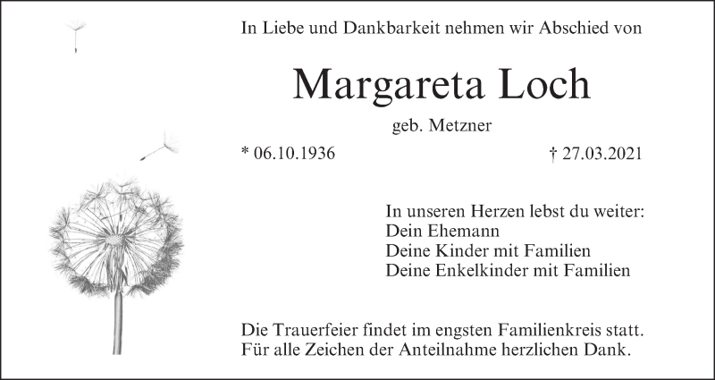  Traueranzeige für Margareta Loch vom 03.04.2021 aus MGO
