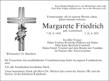 Anzeige von Margarete Friedrich von MGO