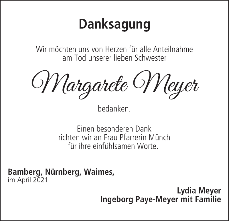  Traueranzeige für Margarete Meyer vom 24.04.2021 aus MGO