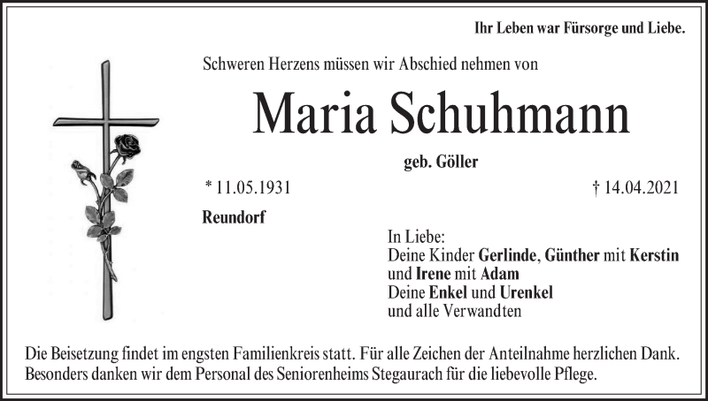  Traueranzeige für Maria Schuhmann vom 17.04.2021 aus MGO