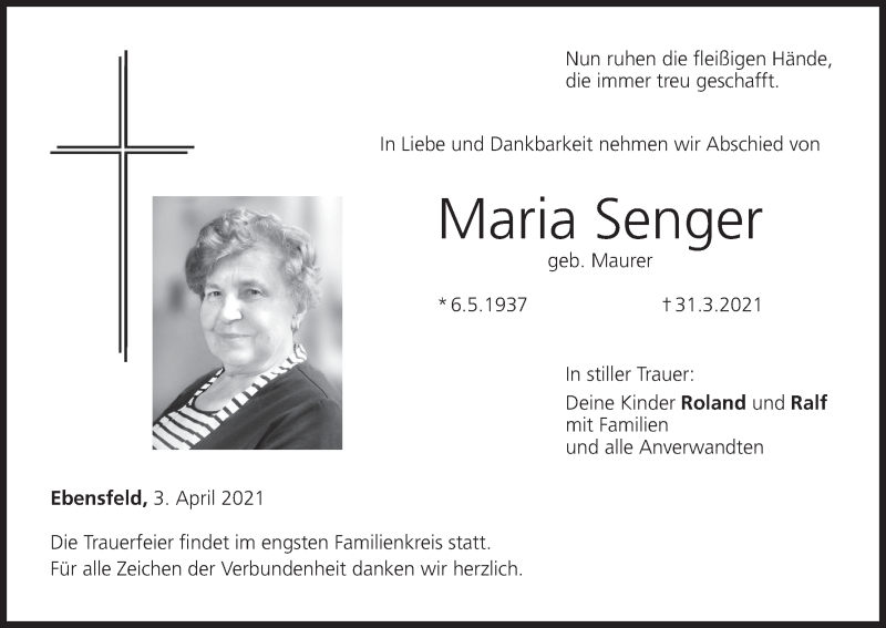  Traueranzeige für Maria Senger vom 03.04.2021 aus MGO