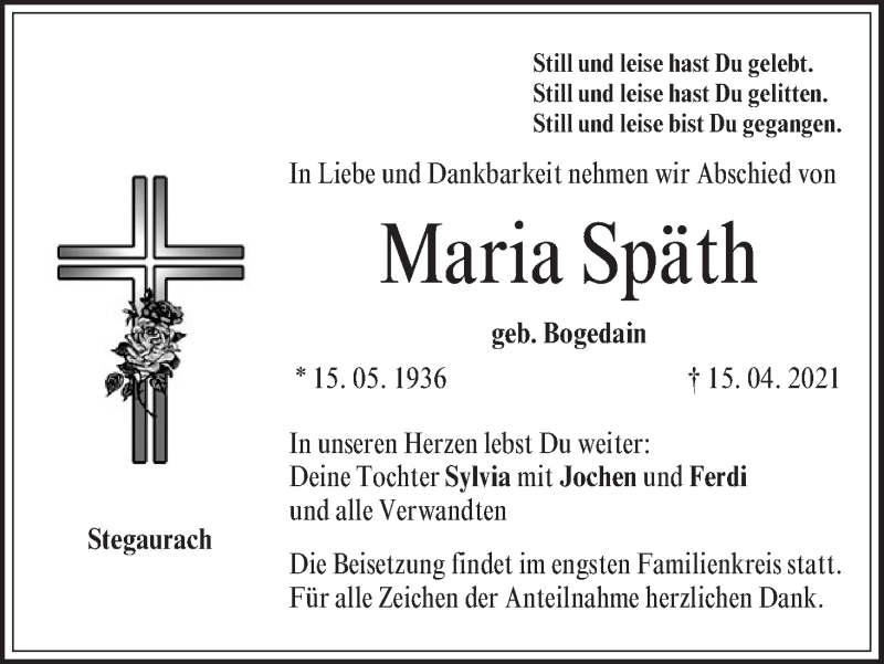  Traueranzeige für Maria Späth vom 24.04.2021 aus MGO