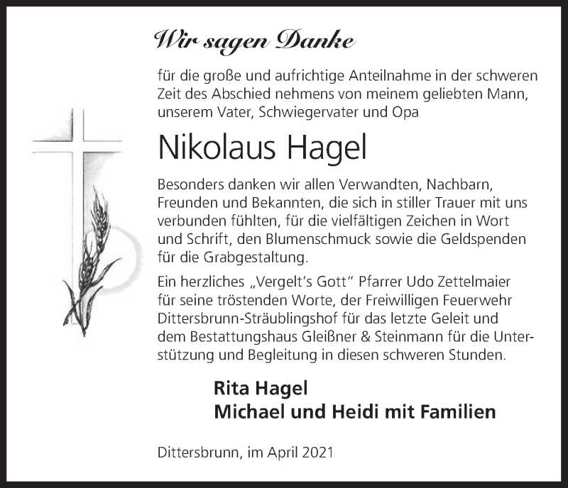  Traueranzeige für Nikolaus Hagel vom 03.04.2021 aus MGO