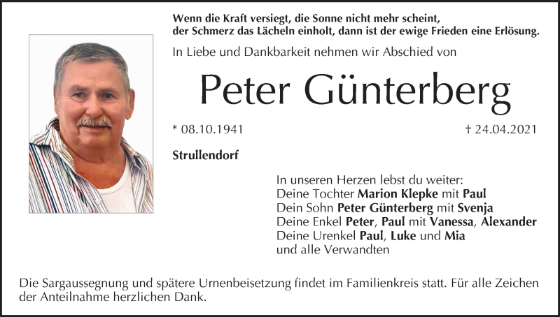  Traueranzeige für Peter Günterberg vom 27.04.2021 aus MGO
