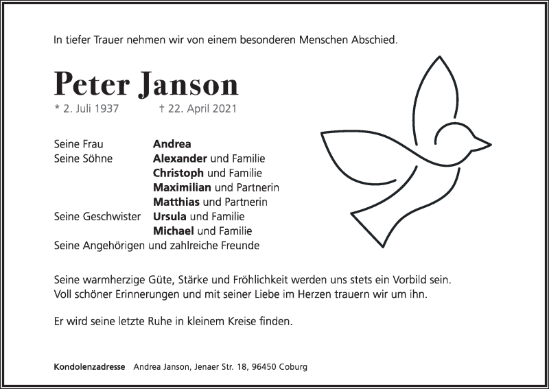  Traueranzeige für Peter Janson vom 30.04.2021 aus MGO