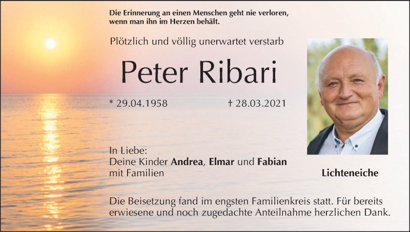  Traueranzeige für Peter Ribari vom 10.04.2021 aus MGO