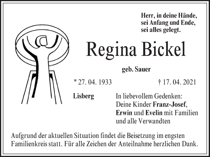  Traueranzeige für Regina Bickel vom 20.04.2021 aus MGO