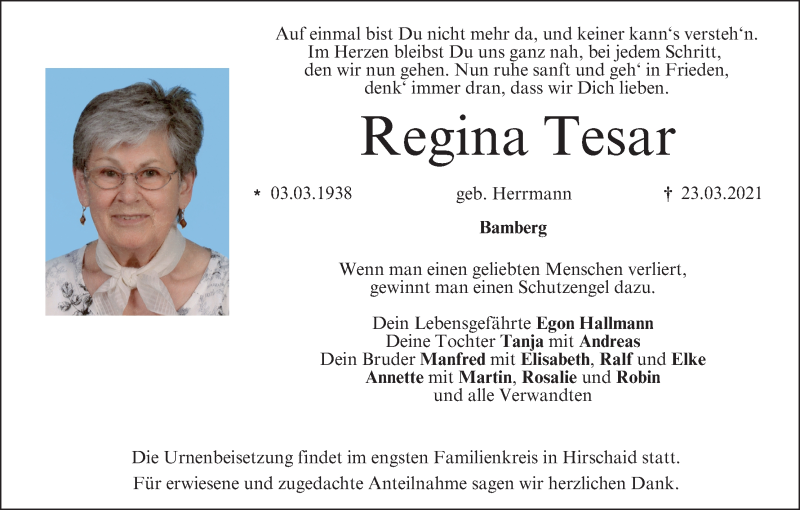  Traueranzeige für Regina Tesar vom 10.04.2021 aus MGO