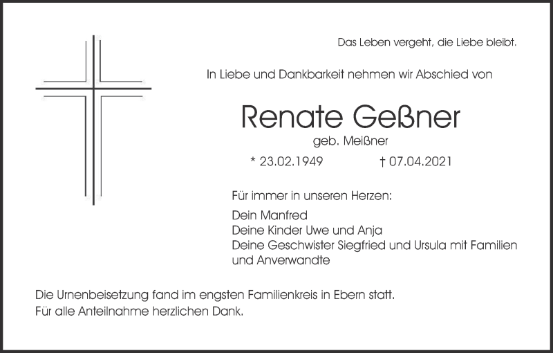  Traueranzeige für Renate Geßner vom 17.04.2021 aus MGO