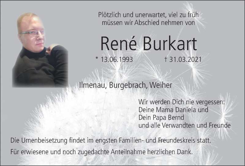  Traueranzeige für René Burkart vom 10.04.2021 aus MGO