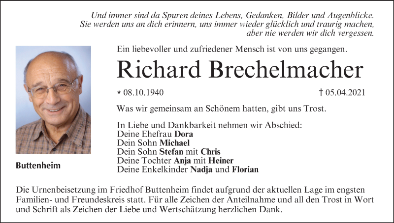  Traueranzeige für Richard Brechelmacher vom 24.04.2021 aus MGO