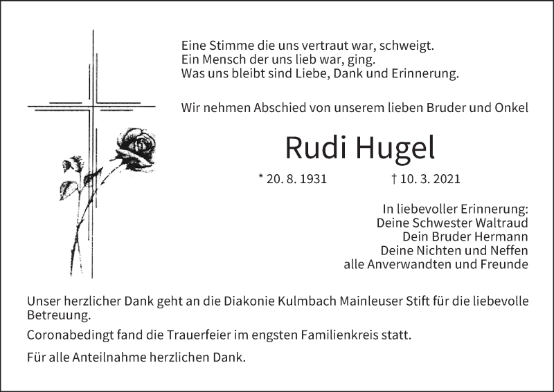  Traueranzeige für Rudi Hugel vom 17.04.2021 aus MGO