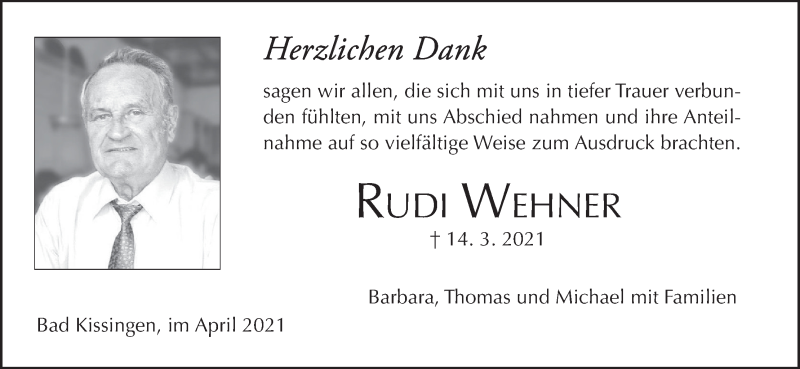  Traueranzeige für Rudi Wehner vom 07.04.2021 aus MGO