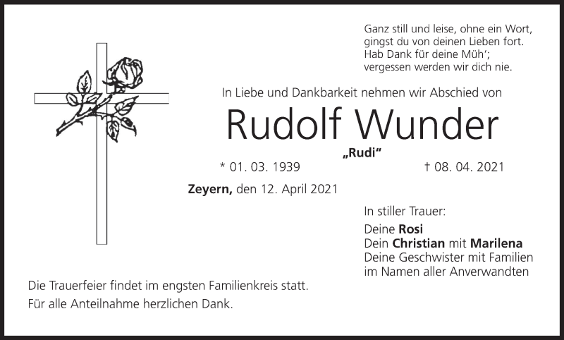  Traueranzeige für Rudolf Wunder vom 12.04.2021 aus MGO