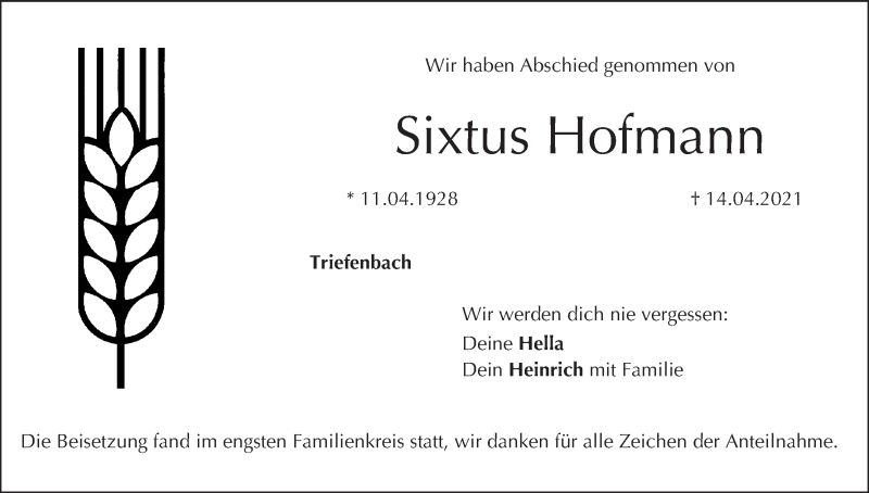  Traueranzeige für Sixtus Hofmann vom 24.04.2021 aus MGO