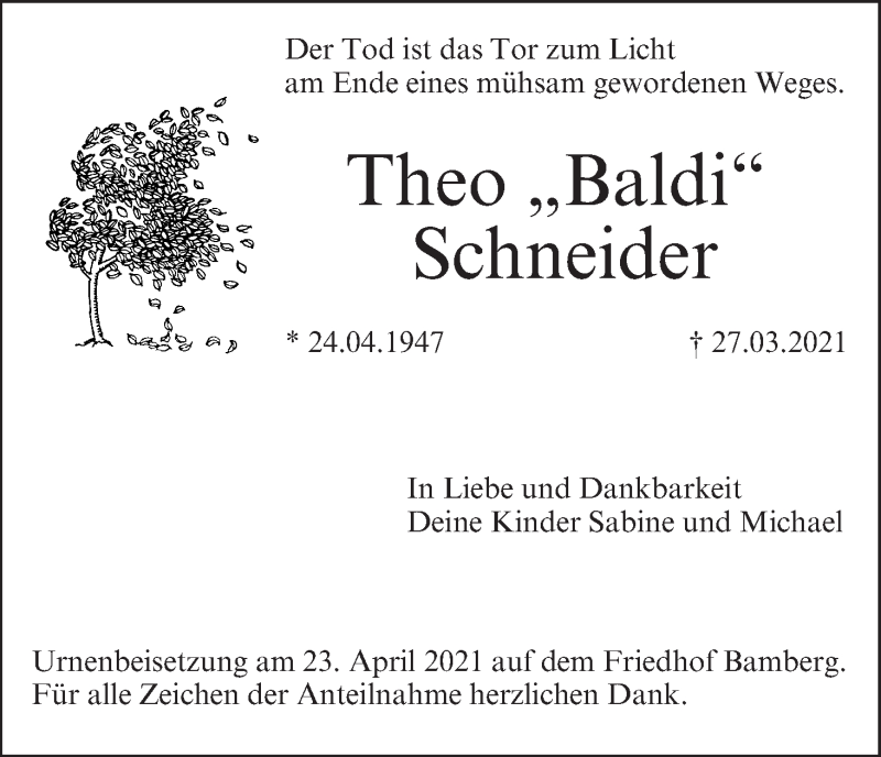  Traueranzeige für Theo Schneider vom 17.04.2021 aus MGO