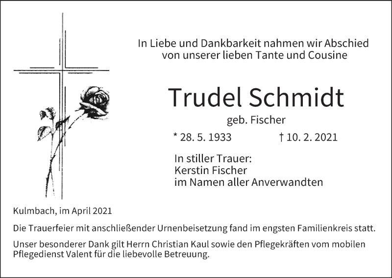  Traueranzeige für Trudel Schmidt vom 30.04.2021 aus MGO