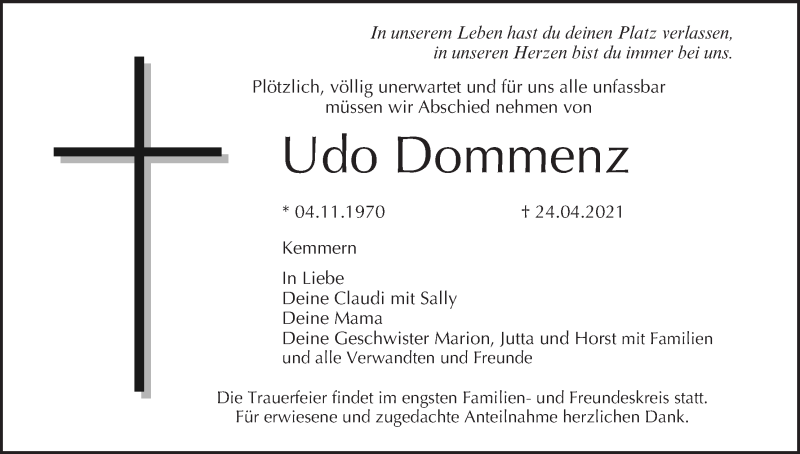  Traueranzeige für Udo Dommenz vom 27.04.2021 aus MGO