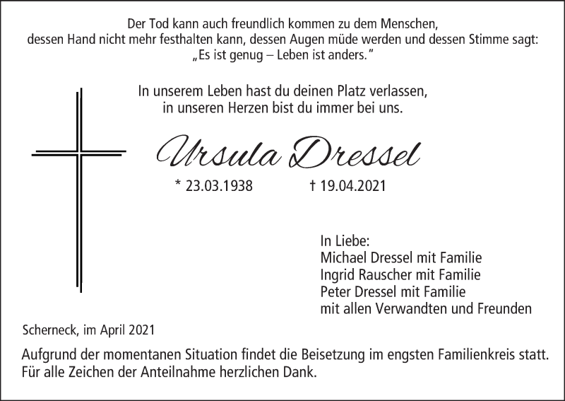  Traueranzeige für Ursula Dressel vom 21.04.2021 aus MGO