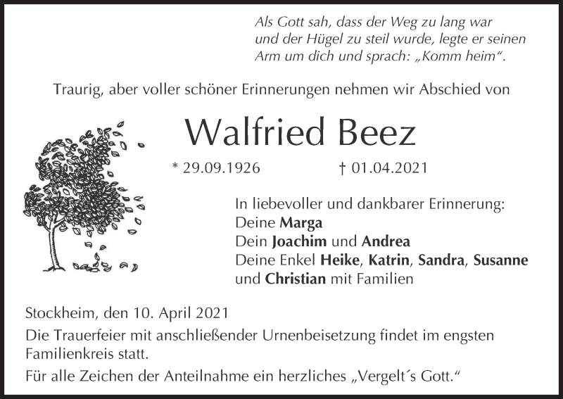  Traueranzeige für Walfried Beez vom 10.04.2021 aus MGO