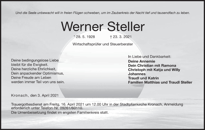  Traueranzeige für Werner Steller vom 03.04.2021 aus MGO