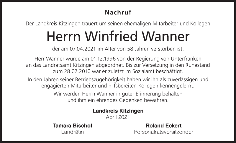  Traueranzeige für Winfried Wanner vom 14.04.2021 aus MGO
