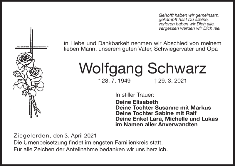  Traueranzeige für Wolfgang Schwarz vom 03.04.2021 aus MGO