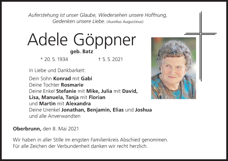  Traueranzeige für Adele Göppner vom 08.05.2021 aus MGO