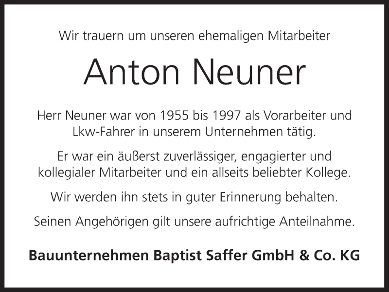  Traueranzeige für Anton Neuner vom 08.05.2021 aus MGO