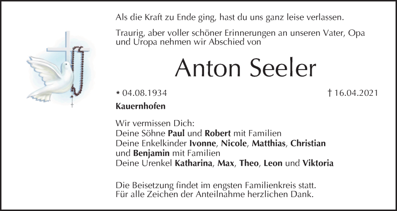  Traueranzeige für Anton Seeler vom 08.05.2021 aus MGO