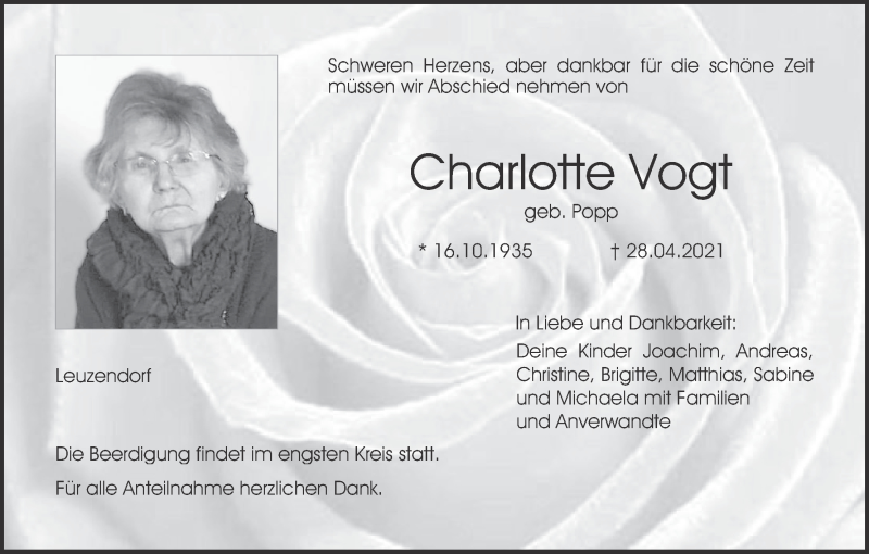  Traueranzeige für Charlotte Vogt vom 03.05.2021 aus MGO