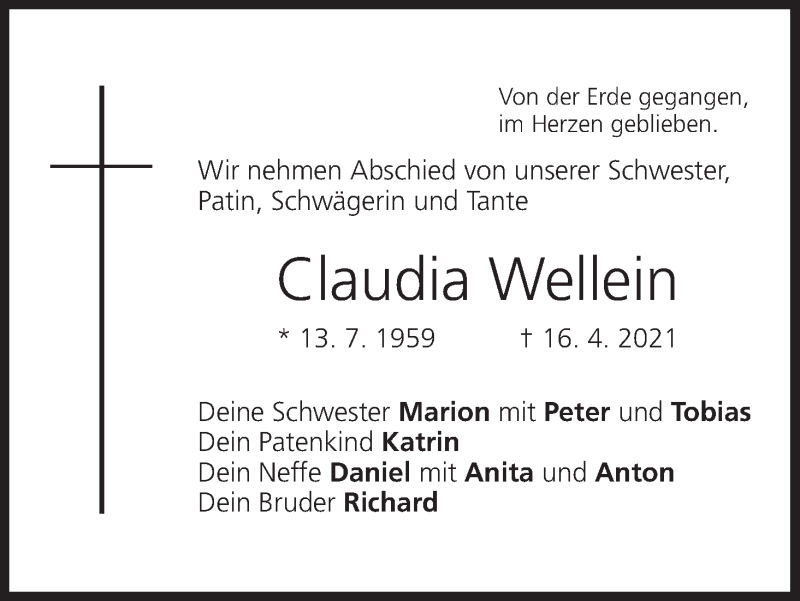  Traueranzeige für Claudia Wellein vom 07.05.2021 aus MGO
