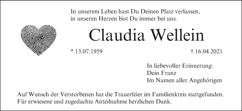  Traueranzeige für Claudia Wellein vom 08.05.2021 aus MGO