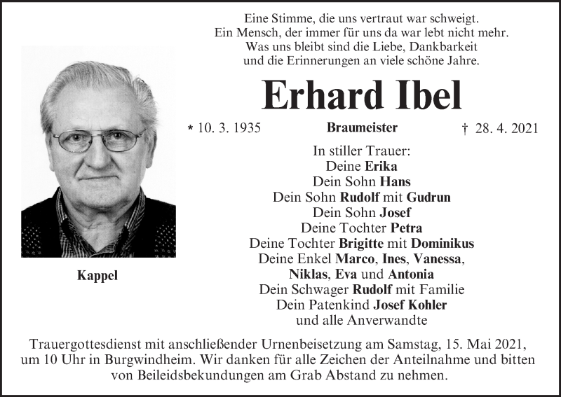  Traueranzeige für Erhard Ibel vom 08.05.2021 aus MGO