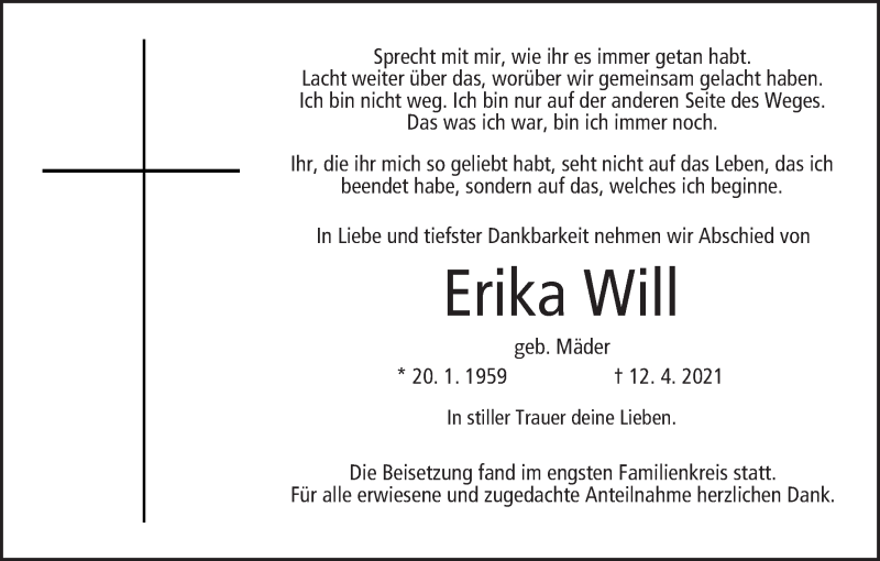  Traueranzeige für Erika Will vom 10.05.2021 aus MGO