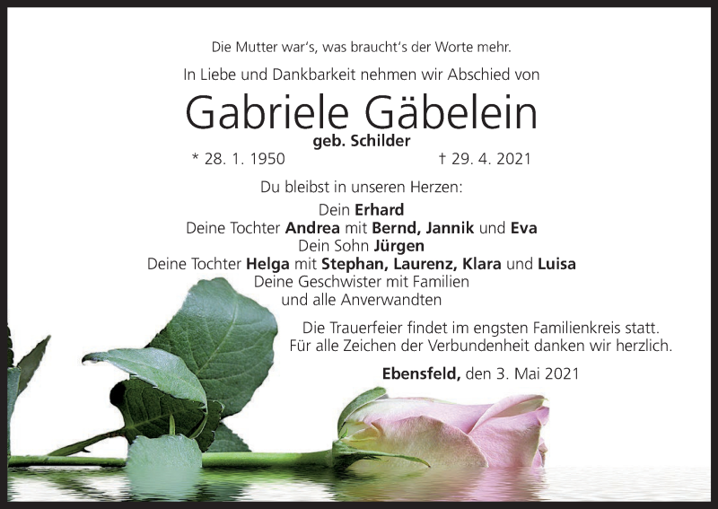 Traueranzeige für Gabriele Gäbelein vom 03.05.2021 aus MGO